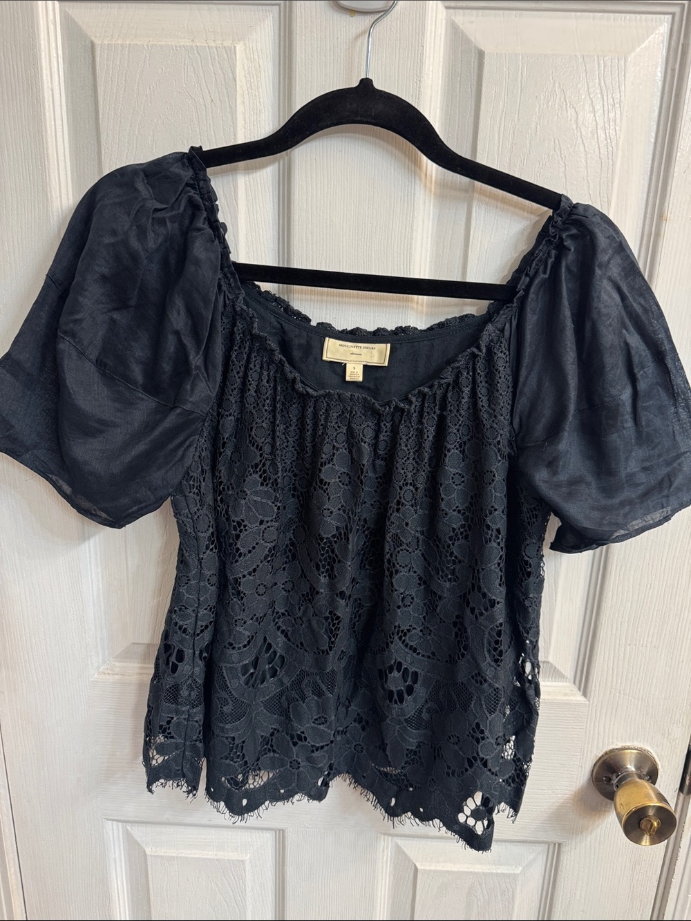 Moulinette Soeurs Black Lace Peasant Top with Puff Sleeves
